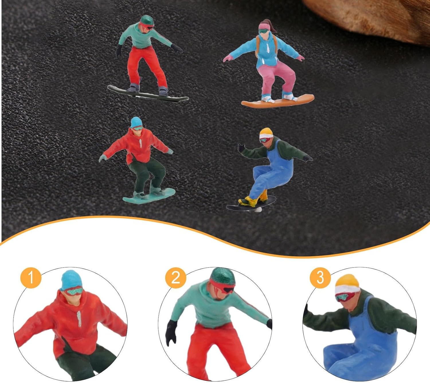 Menolana Miniature Skier Figurines - 4Pcs 1/64 Scale Snowboarding Models for Dollhouse & Railway Decor