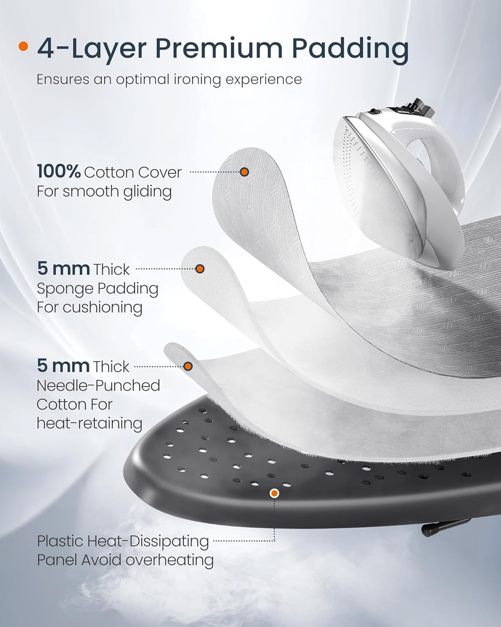 SONGMICS Ironing Board - Foldable & Height Adjustable Up to 35 Inches | 4-Layer Cover & Pad, Dove Gray