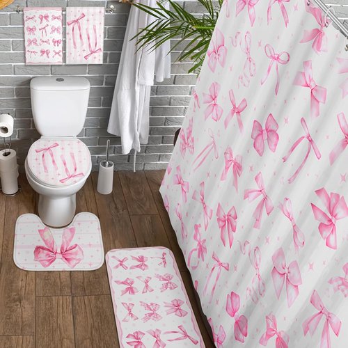 FuWeave 8-Piece Pink Bow Shower Curtain Set - Cute Coquette Bathroom Decor with Towels, Bath Mat & Hooks