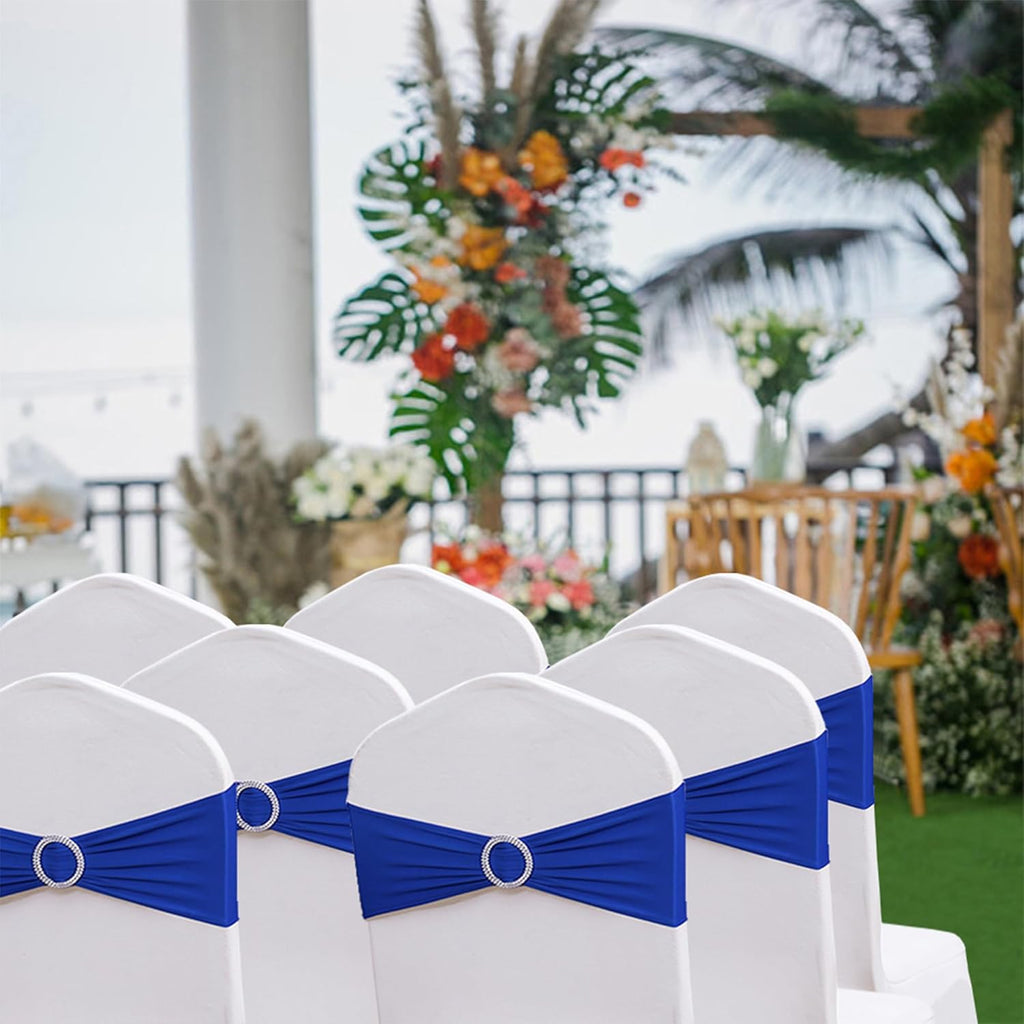 Spandex Royal Blue Chair Sashes - 100 Pack Wedding Chair Bands with Buckles for Events & Parties