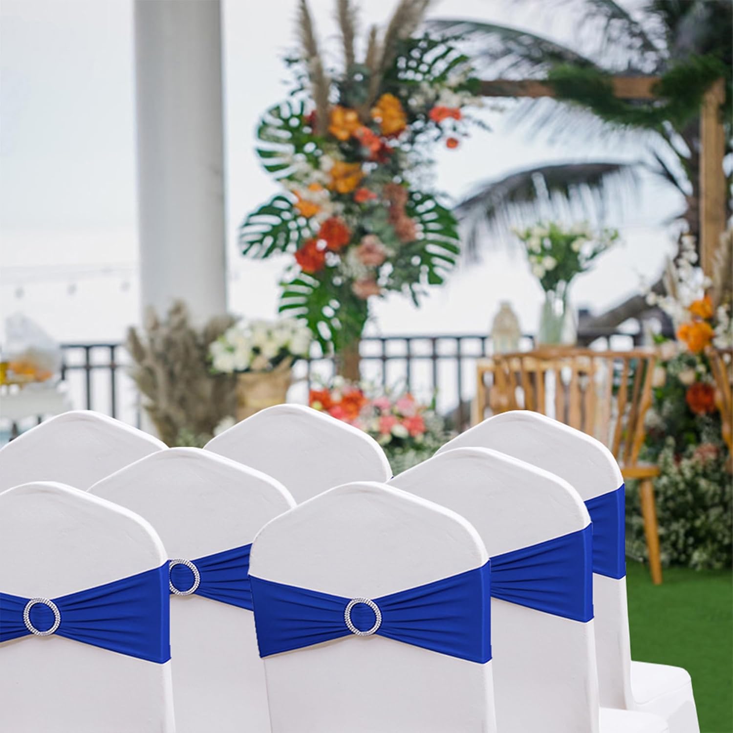 Spandex Royal Blue Chair Sashes - 100 Pack Wedding Chair Bands with Buckles for Events & Parties