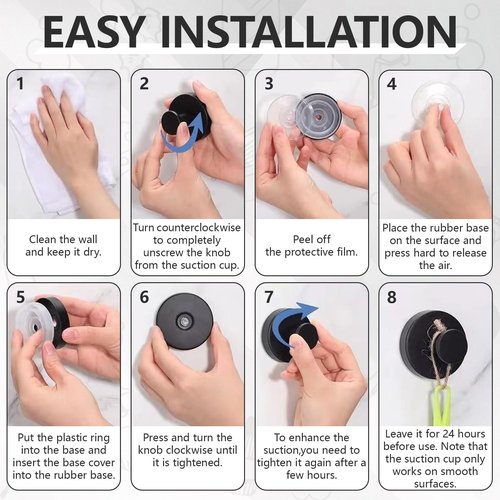 levateeta Suction Cup Hooks for Shower, 8 Pack Removable Hooks for Bathroom Walls & Glass Door – Robes, Loofahs, Towel Hook for Hanging, Black