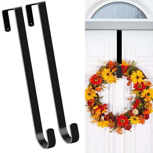 15" Christmas Wreath Hangers for Front Door, 2 Pack Over The Door Wreath Hanger Hooks for Hanging Christmas Thanksgiving Easter Fall Spring Decoration, Door Hangers Suitable for Various Doors (Black)