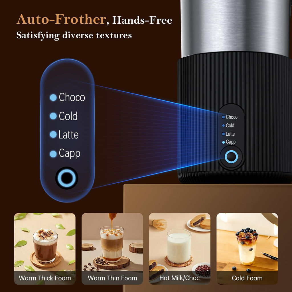 Electric Milk Frother and Steamer, 4-in-1 Instant Milk Steamer for Coffee, Latte, Cappuccino, Hot Chocolate, Automatic Hot & Cold Milk Foamer, Stainless Steel Detachable Cup, Quiet, Dishwasher Safe