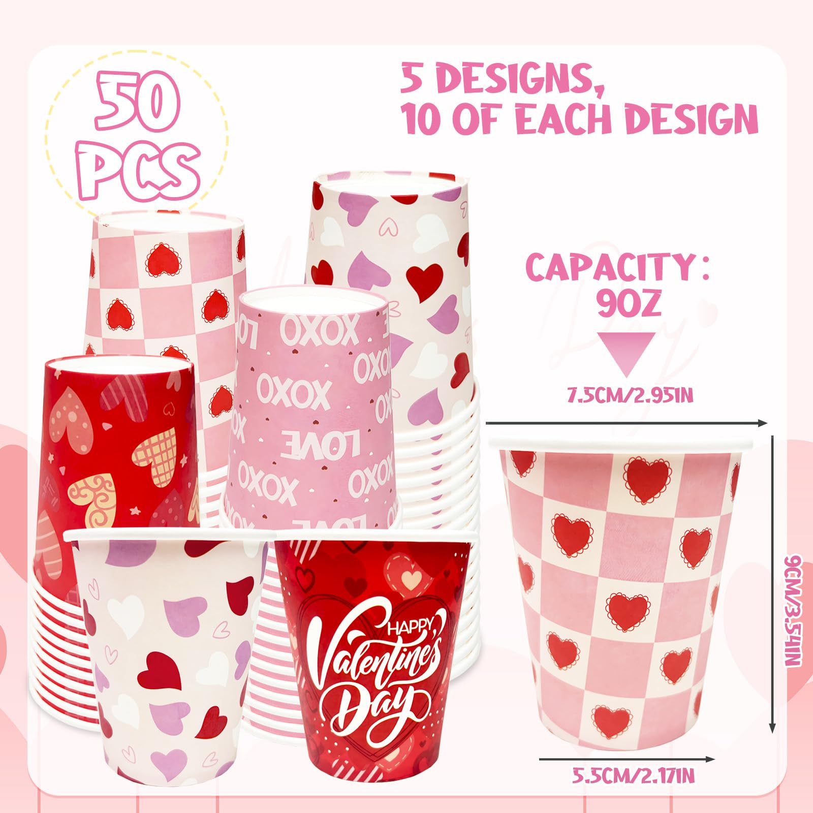 YQUQWN 50Pcs Valentine Paper Cups 9oz – 5 Heart Designs Disposable Valentine Cups Red Paper Party Drinkware for Coffee Juice Weddings Gatherings