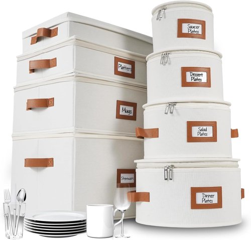 HOMELUX THEORY Hard Shell China Storage Containers - 8pc Ivory Mug & Plate Box with Lids | Heavy-Duty Kitchen Storage Bins