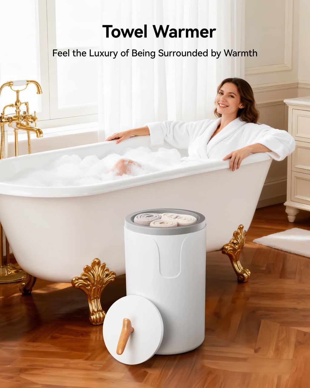 EUHOMY Large Towel Warmer for Bathroom, 3 Timer Settings (30/60/90 Mins), Auto Shut-Off, Fragrance Disc Holder, Bucket Towel Warmer for Oversized Towels, Blankets & Bathrobes, White