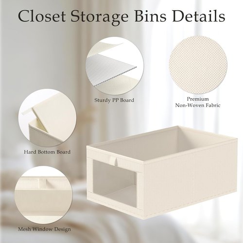 Criusia Closet Organizers - 4 Pack Linen Storage Baskets with Mesh Window | Foldable for Clothing, Toys, Beige
