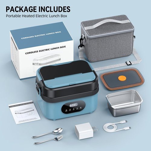 Cordless Electric Lunch Box for Adults, 18000mAh Rechargeable Portable Self-Heating Lunch Box Food Warmer, 1.5L(6 Cups) Container for Outdoor, Work, Office, Camping, Travel（Blue＆Black）