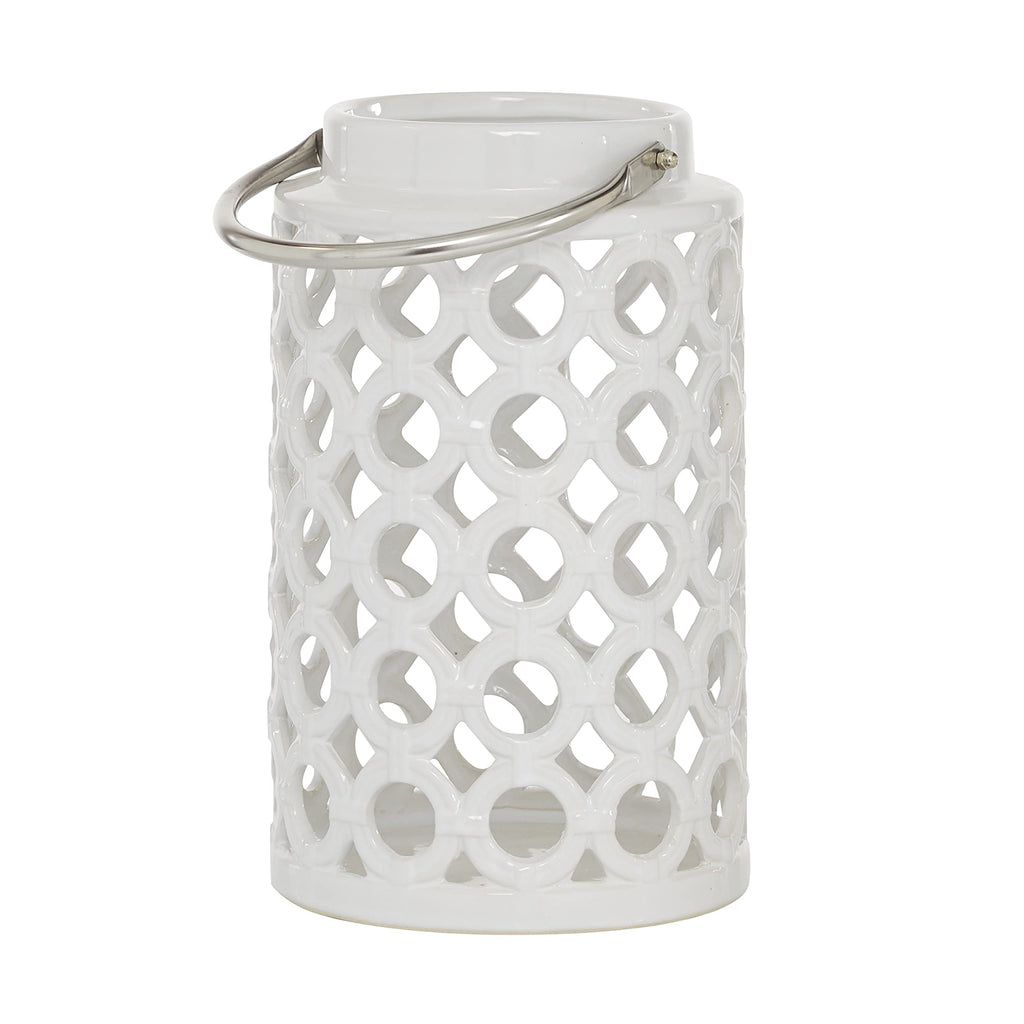 Deco 79 Ceramic Circles Decorative Candle Lantern with Cut Out Design, 8" x 9" x 8", White