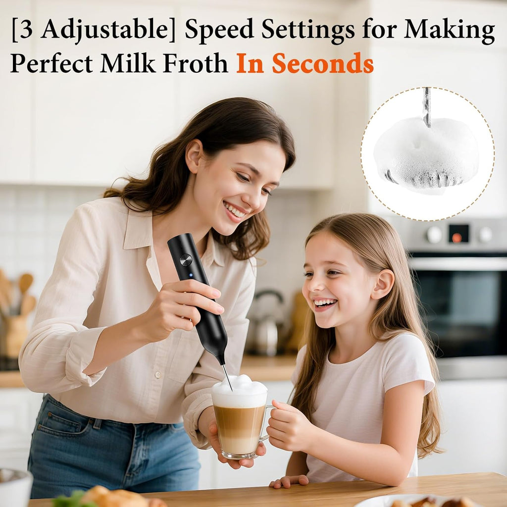 Skiennix Milk Frother - Rechargeable Handheld Drink Mixer with 3 Speed Settings & Stainless Whisks | Black