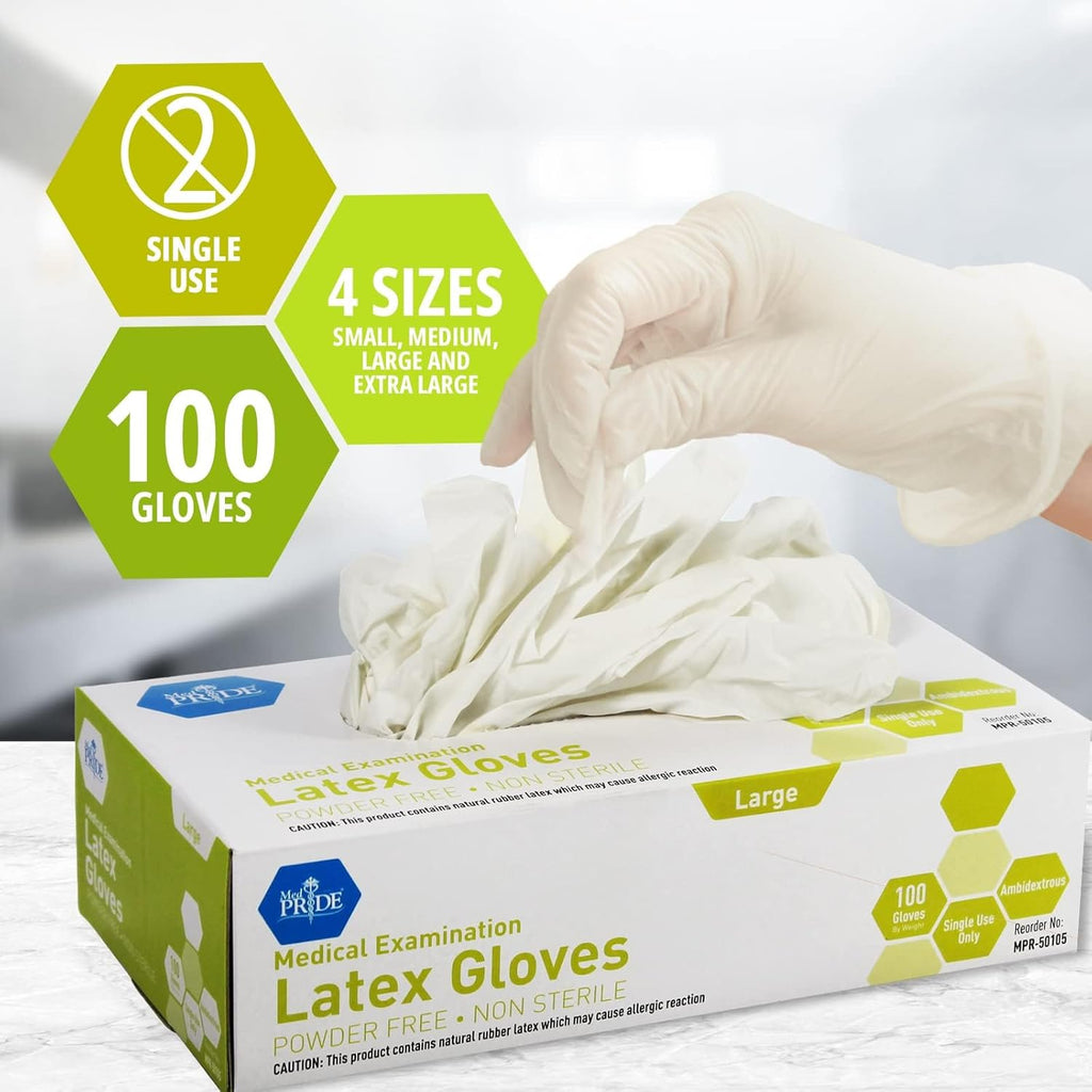 MedPride Powder-Free Latex Exam Gloves - Medium Size, 100 Count Box for Superior Protection