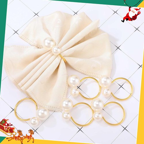 Sliner 100 Pcs Pearl Napkin Rings, Gold Table Napkin Holder Buckles for Dinning Table Setting Christmas Wedding Party Supplies