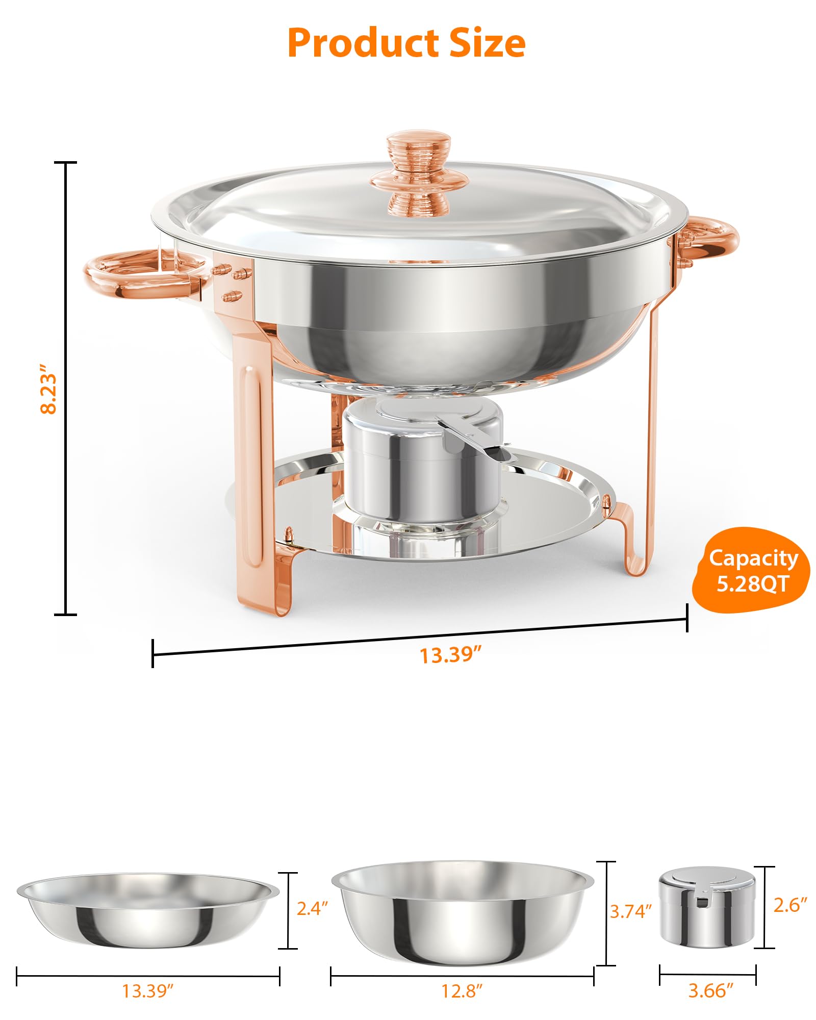 Chafing Dish for Buffet 2 Pack, 5 QT Round Chafing Dishes Buffet Set w/Lid Holder, Stainless Steel Chafers and Food Warmers with Spoon and Tweezers for Parties, Weddings, Events, Banquet, Rose Gold