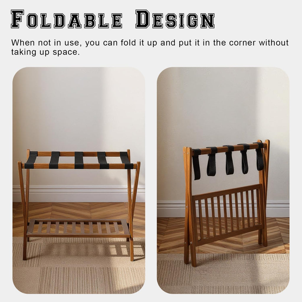 GAOHAPY Bamboo Luggage Rack with Shoe Shelf Folding Suitcase Stand with 5 Heavy-Duty Straps for Guest Room Living Room Hotel Ideal Luggage Holder for Suitcases Bags Shoes,Walnut Brown