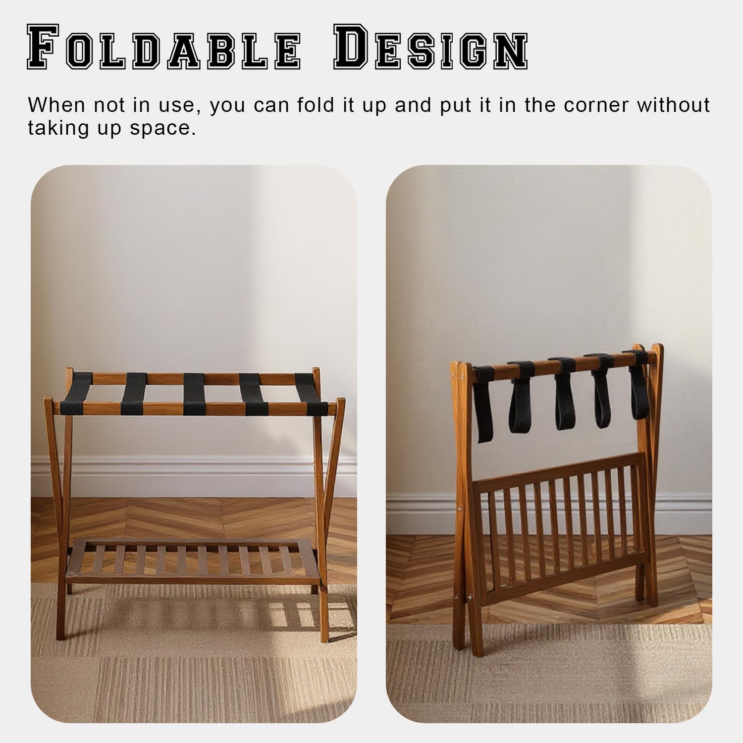 GAOHAPY Bamboo Luggage Rack with Shoe Shelf Folding Suitcase Stand with 5 Heavy-Duty Straps for Guest Room Living Room Hotel Ideal Luggage Holder for Suitcases Bags Shoes,Walnut Brown