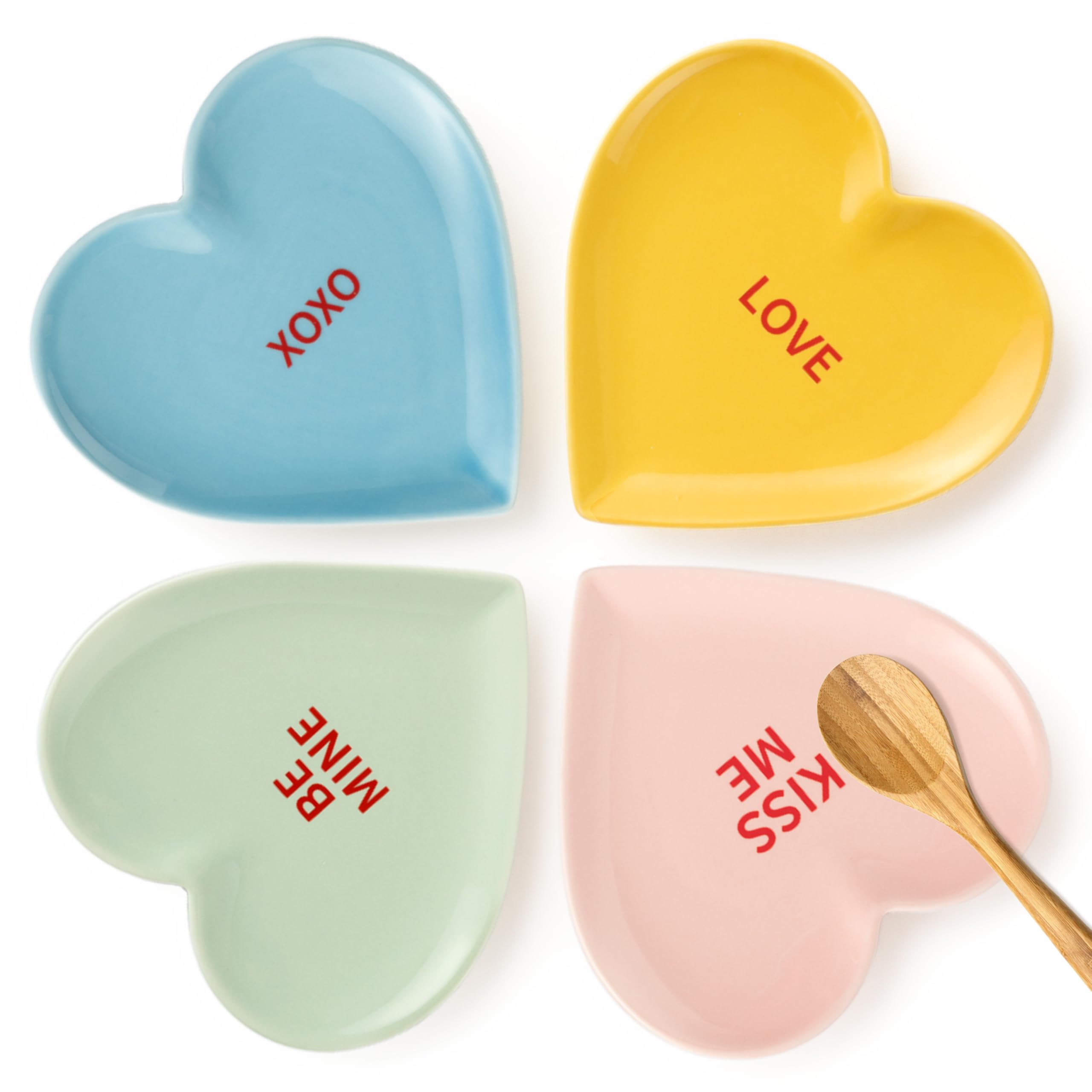 Valentine's Day Ceramic Spoon Rest for Stovetop - 4Pcs Conversation Heart Spoon Rest Set Heart Shape Cooking Ladle Holders Sauce Dishes Utensil Rests for Kitchen Countertop Decor Valentines Gift Favor