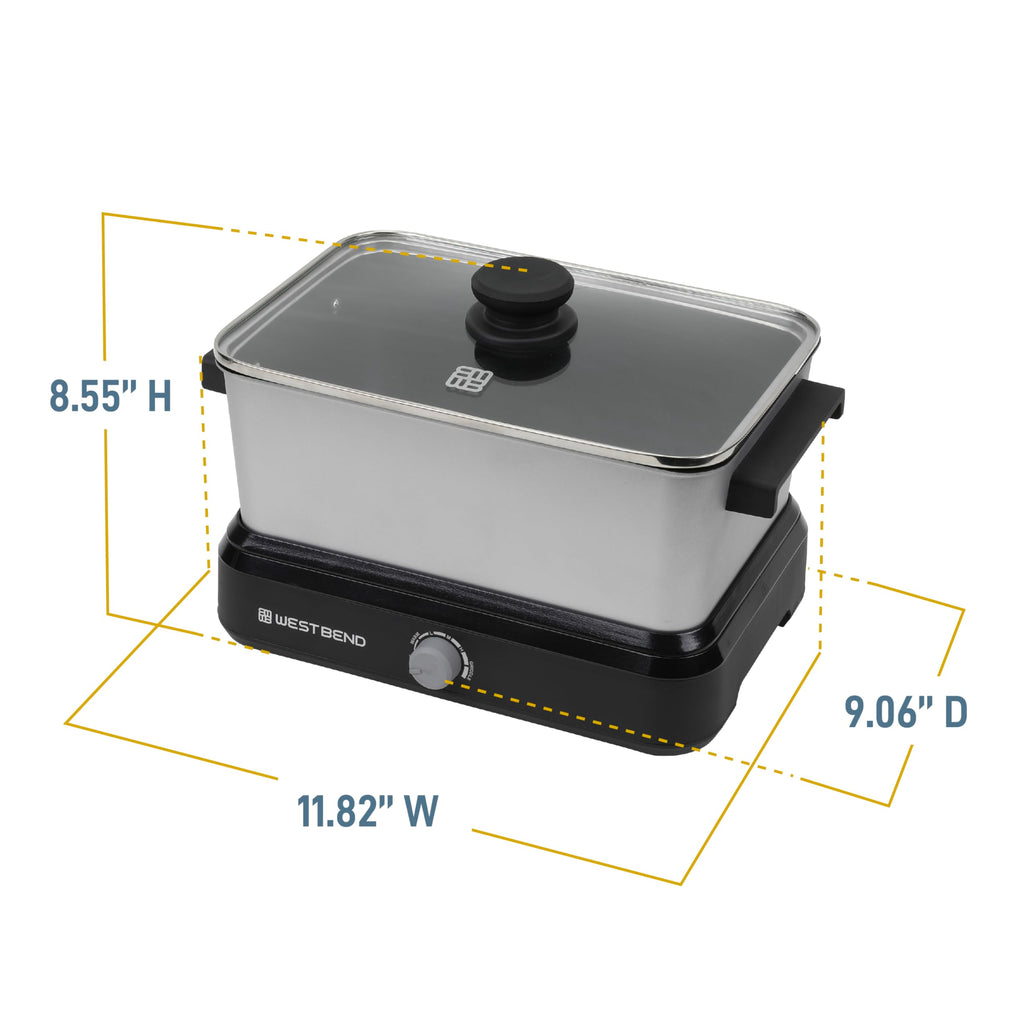 West Bend Versatility Slow Cooker Large Capacity Non-stick Cooking Vessel & Variable Temperature Heating Base Includes Travel Lid and Storage Bag, Range and Oven-Safe Cooking Pot, 5-Quart, Silver