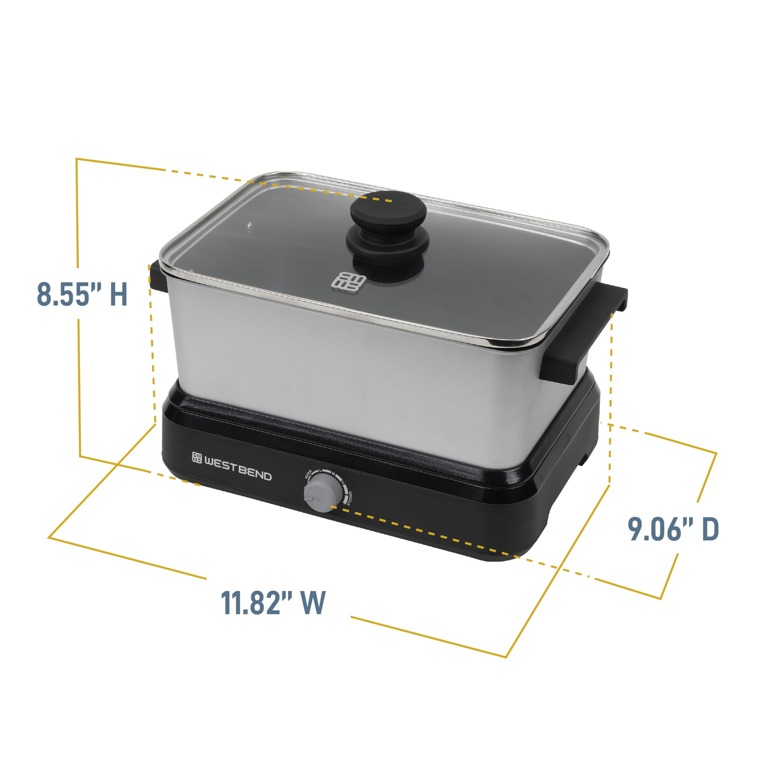 West Bend Versatility Slow Cooker Large Capacity Non-stick Cooking Vessel & Variable Temperature Heating Base Includes Travel Lid and Storage Bag, Range and Oven-Safe Cooking Pot, 5-Quart, Silver