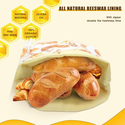 2 Pack Beeswax Bread Bags for Homemade Bread, Sourdough, Reusable Bread Bag XL Eco-Friendly Fresh Food Storage with Buckle & Zipper, Moisture Lock, Keeps Bakes Fresh Longer