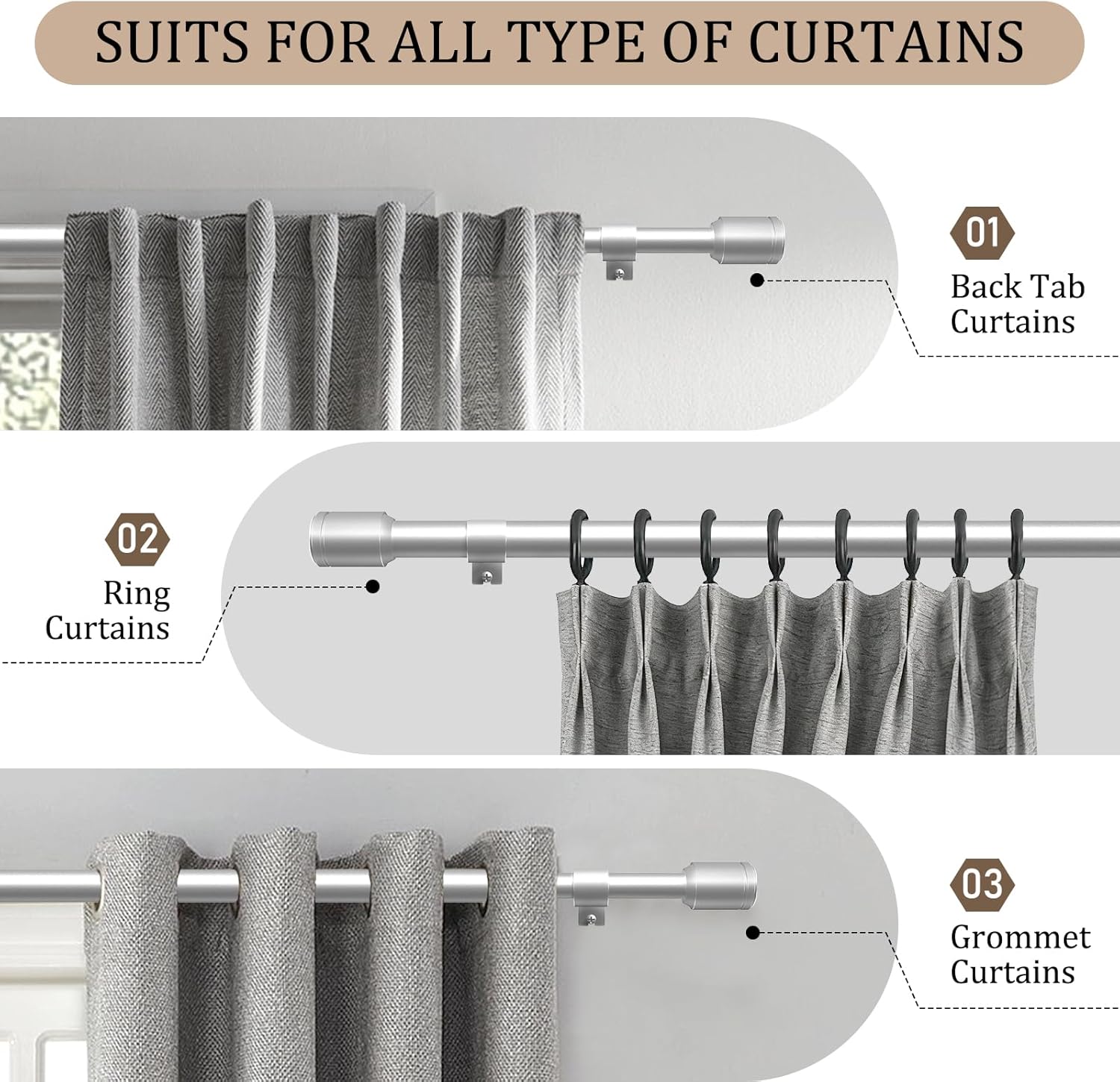 Skiennix 1” Diameter Silver Curtain Rods - Heavy Duty Adjustable Window Treatment, 30-120 Inch, Fits Most Standard Windows
