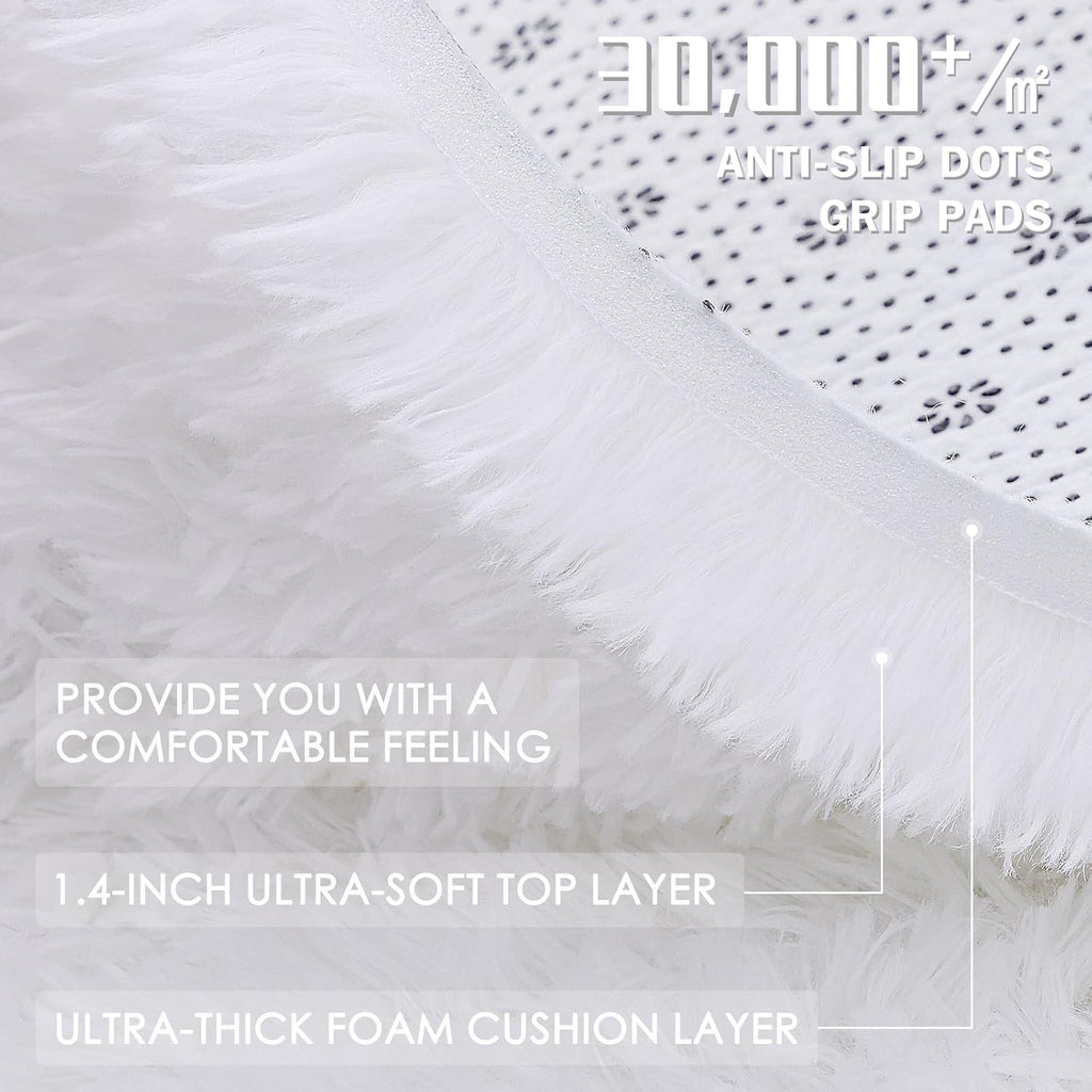 OLANLY Small Bedside Rug - Soft, Fluffy Shaggy Throw Rug for Bedroom & Living Room | White, Machine Washable