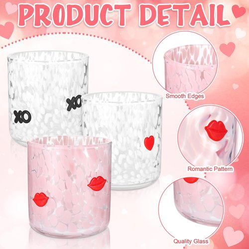 Booson 3 Pcs Valentine's Day Icon Glasses Valentine Juice Glass Cup 16oz Icon Stemless Glasses Lipstick XO Heart Drinking Glass Set for Wedding Engagement Anniversary Romantic Gifts