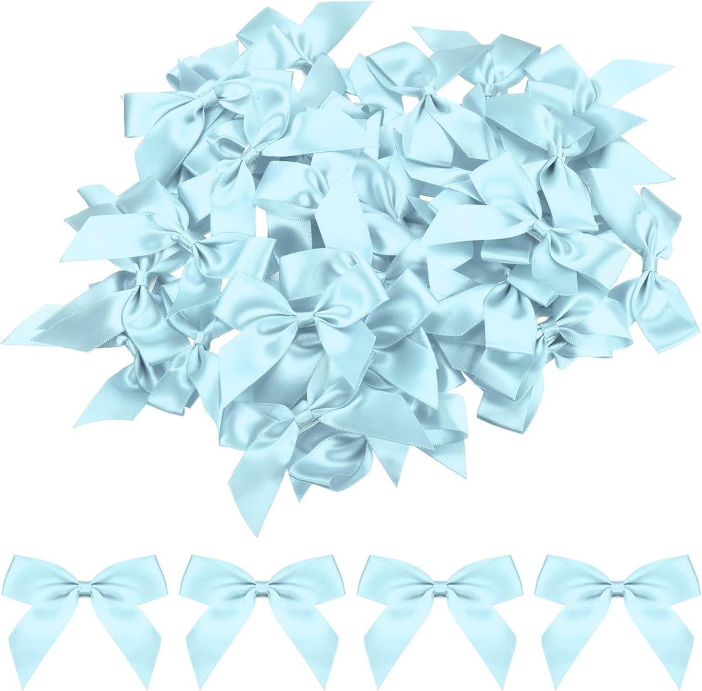 MECCANIXITY Mini Satin Ribbon Bows - 100 Pcs 2.5" Sky Blue Fabric Flowers for DIY Crafts & Parties