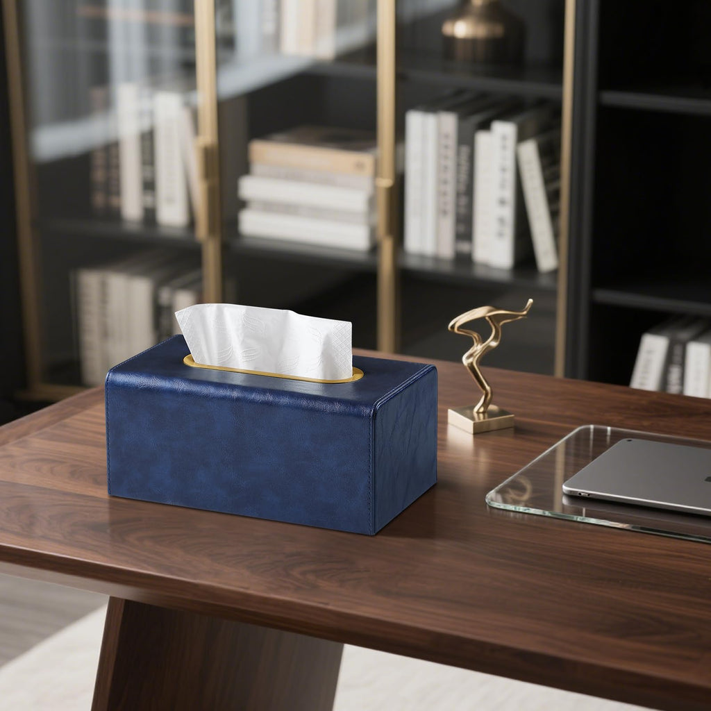 MEIBOOCH PU Leather Tissue Box Cover Rectangular Tissue Box Holder for Boxes Up to 3.9" Tall, Decorative Rectangle Tissue Cover for Bathroom Living Room Car Office (Navy Blue)