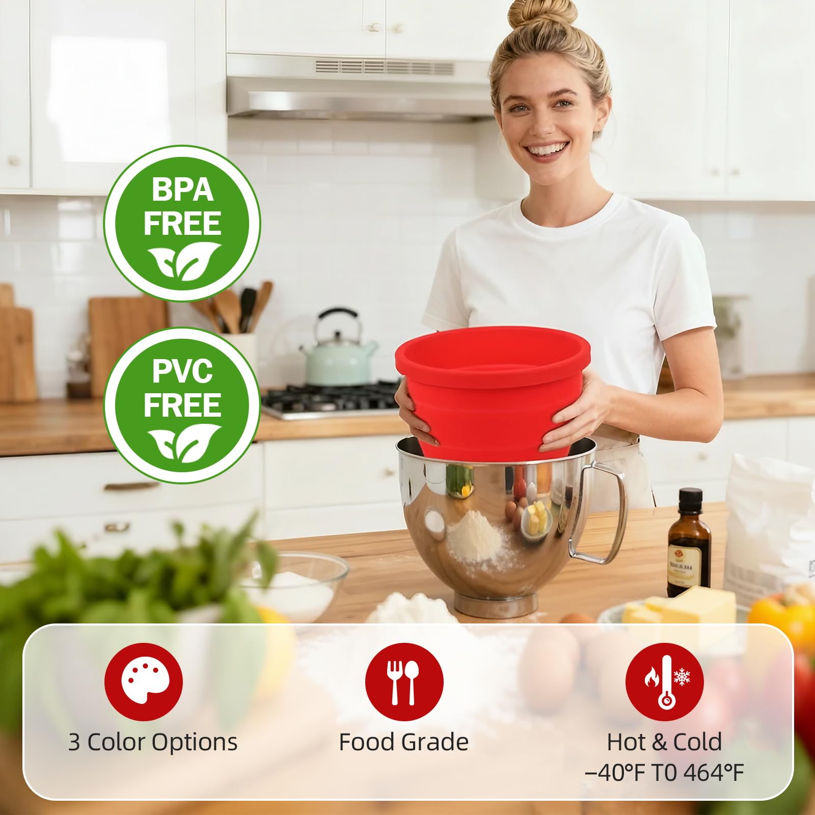 3 PCS Foldable Silicone Liners for Kitchenaid Tilt-Head 5 QT Mixer - Dishwasher-Safe Food-Grade Silicone Bowl Insert - Simple to Use Mixer Accessories for Effortless Baking Prep (Black+Off-White+Red)