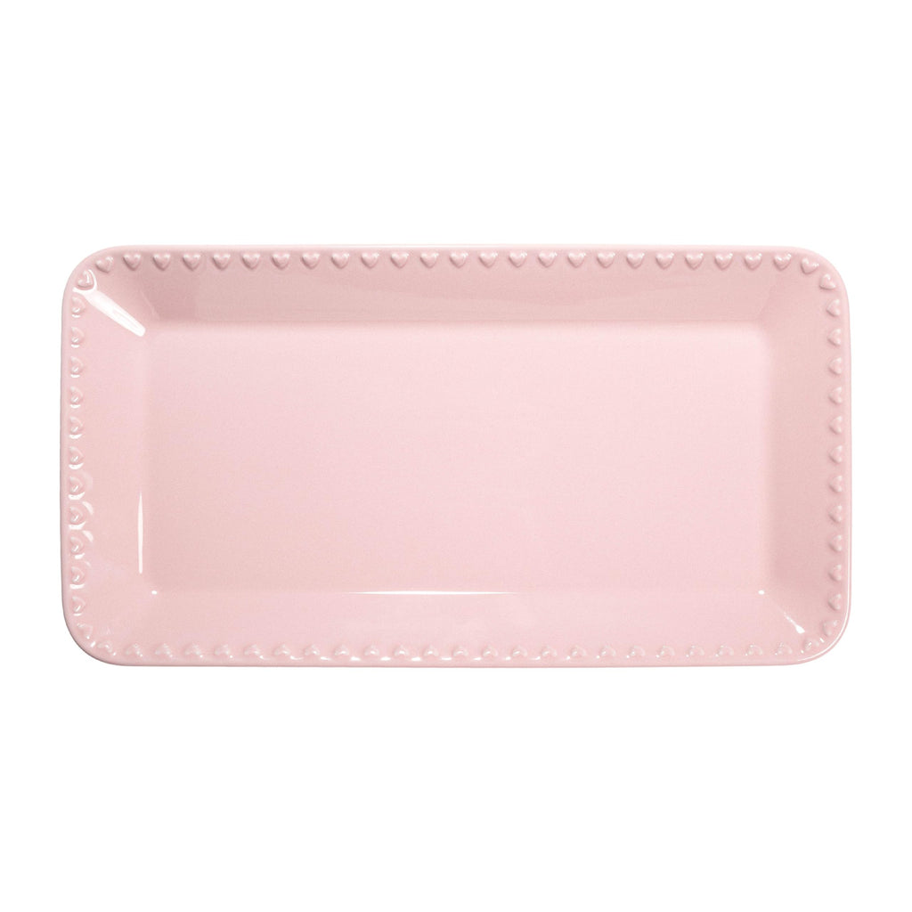 Paris Hilton Rectangle Ceramic Stoneware Serving Platter Tray, Embossed Hearts, Microwave Safe, 15x8-Inch, Pink