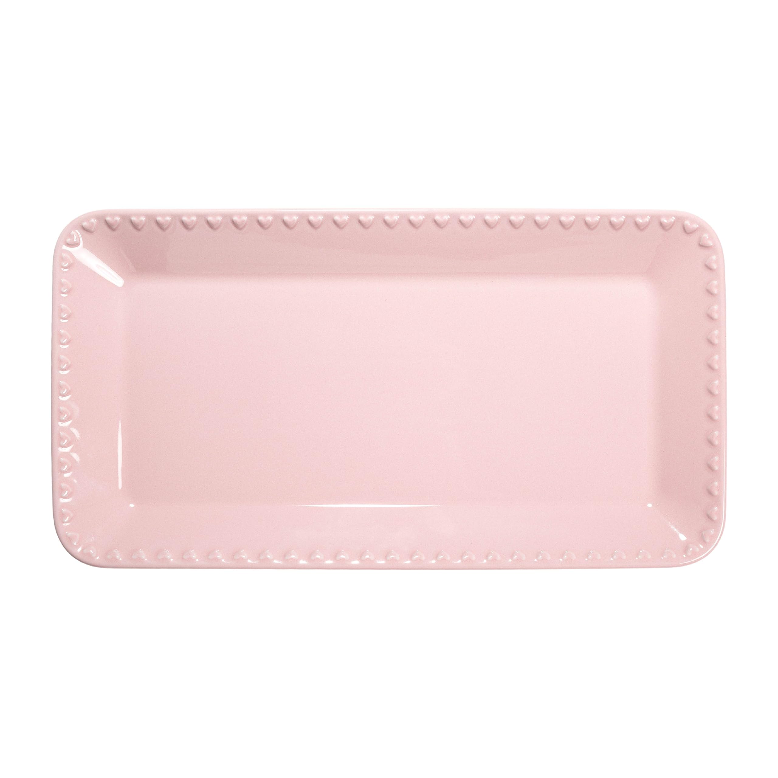 Paris Hilton Rectangle Ceramic Stoneware Serving Platter Tray, Embossed Hearts, Microwave Safe, 15x8-Inch, Pink