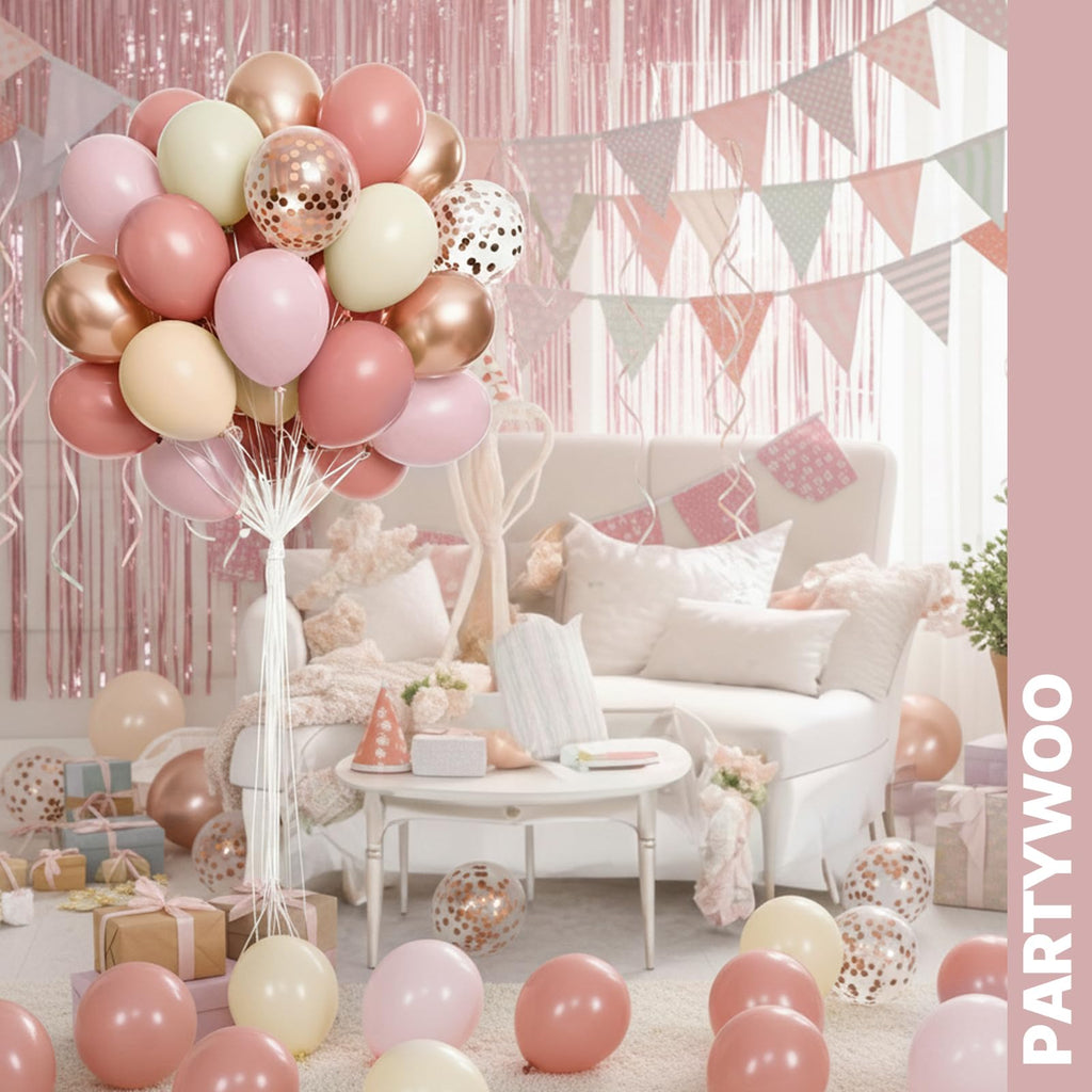 PartyWoo Dusty Pink Balloons 66pcs 12 Inch Blush Rose Pink Metallic Rose Gold Nude Boho White Sand Confetti Balloons for Baby Shower Birthday Gender Reveal Wedding Anniversary Party Decorations