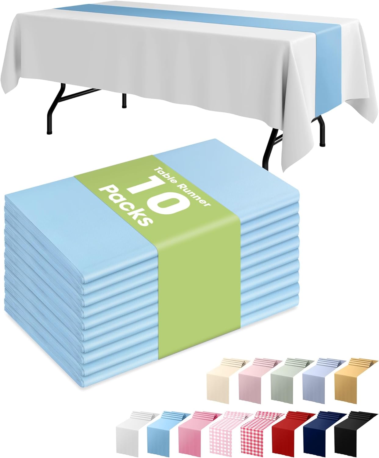 Pureegg Table Runners - Light Blue, 10 Pack, 14'' x 108'', Water Resistant & Disposable for Events
