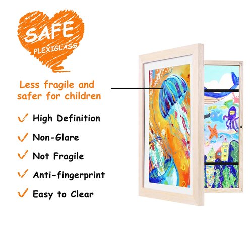 KINLINK 10x12.5 Kids Art Frame Set of 2, Solid Wood Kids Artwork Frames Changeable with Front Opening Hold 150 Pictures, Art Frames for Kids Art with Mat，without Mat 10x12.5 Picture Frame Natural