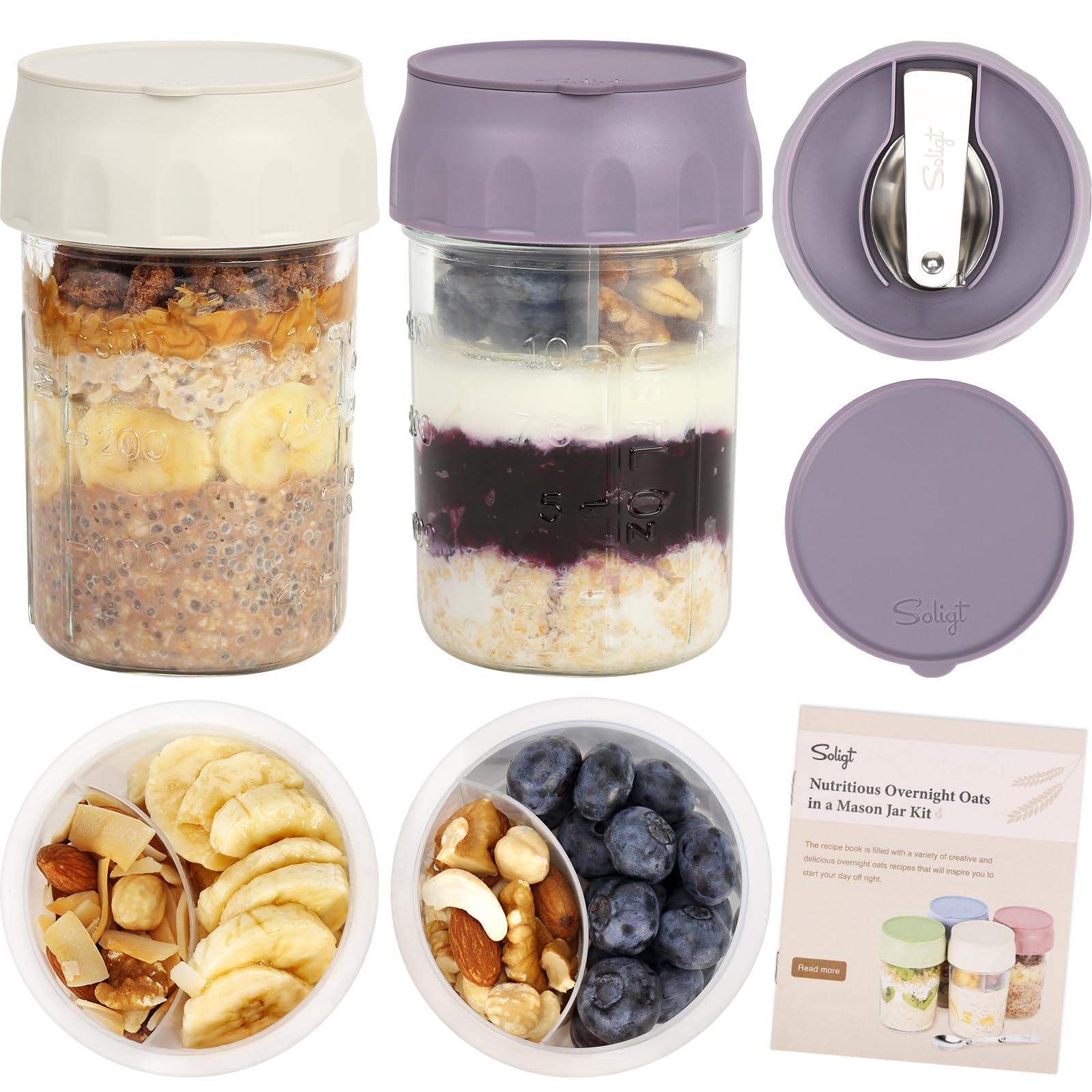 SOLIGT 2 Pack Overnight Oats Containers with Lids, Folding Spoons and Divided Compartments for Fruit & Nuts, Small Glass 16oz Mason Jars for Oatmeal Yogurt Parfait