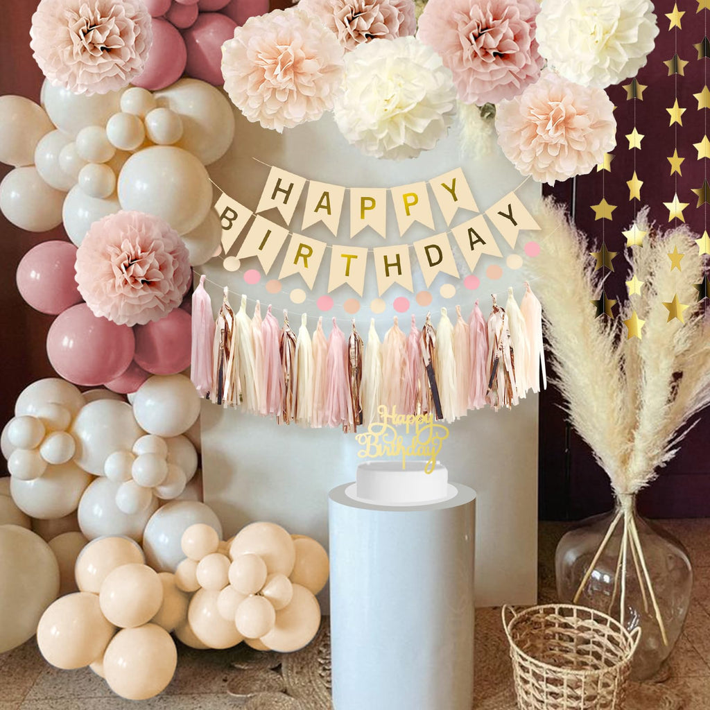Iysoll Blush Beige Birthday Party Decorations Boho Happy Birthday Decorations Banner Retro Pink Nude Ivory Balloon Paper Pom Poms Tassel Garland Décor Supplies for Girls Women