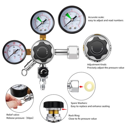 MRbrew Beer Keg Regulator 0-120 PSI CO2 Regulator, Quick Disconnect CO2 Kegerator Regulator, Beer Regulator with Safety Pressure Relief Valve, Gas Regulator with 2 Swivel Nut & 1/4’’ & 5/16’’ Barb