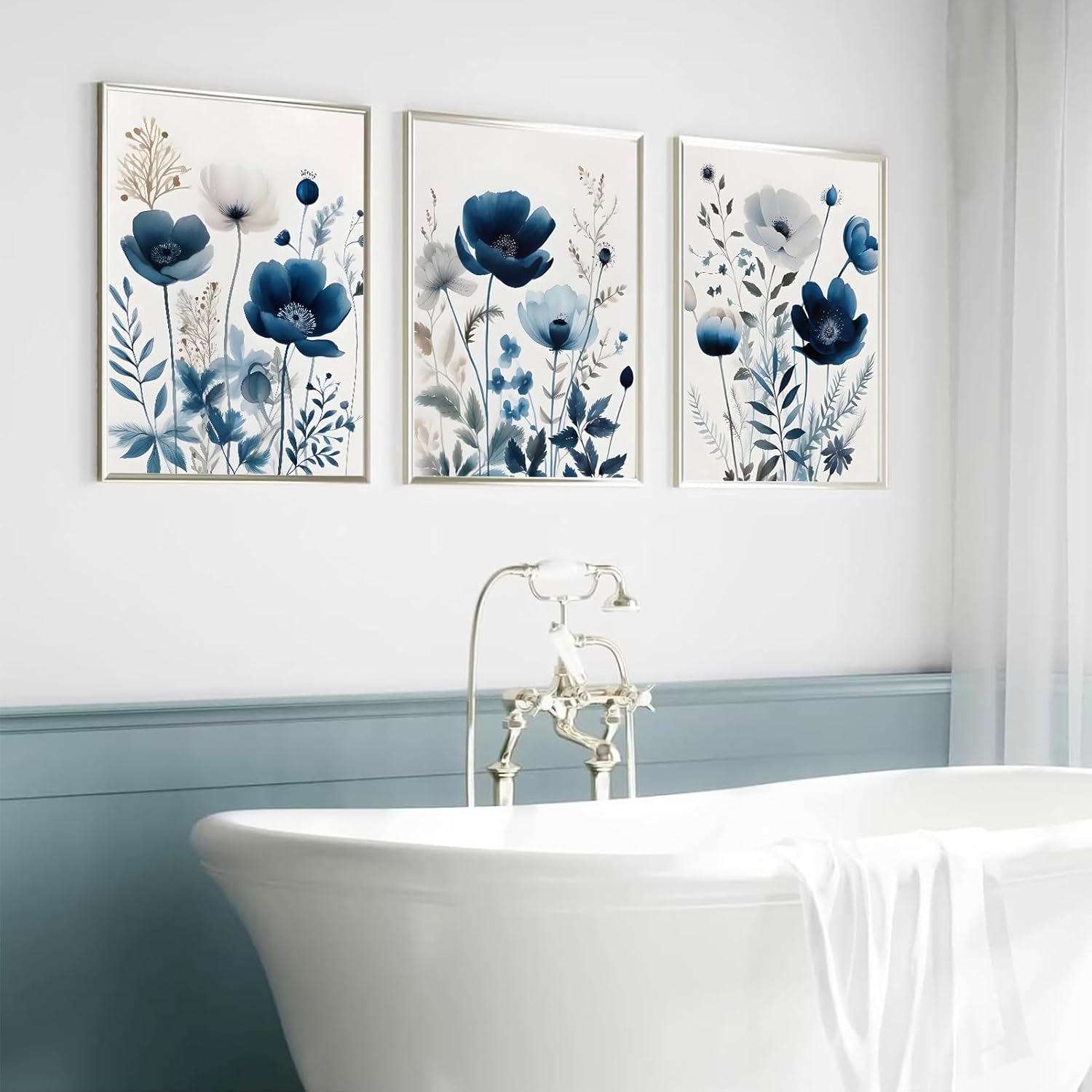 Skiennix 3-Piece Flower Canvas Wall Art - Navy Blue Wildflower Watercolor Prints | Unframed 12x16in Decor