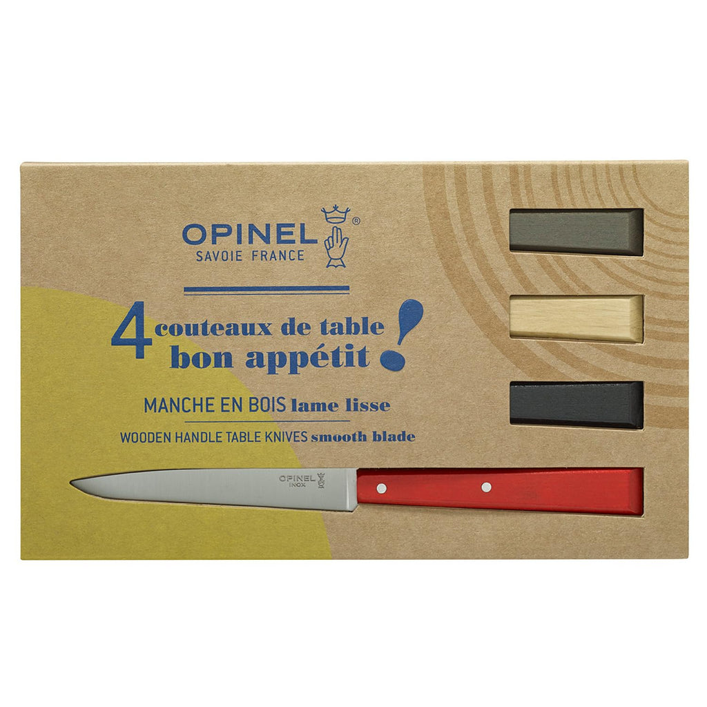 OPINEL No. 125 Table Knives, 4 Piece Set, High Carbon Steel Dinner Knives for Parties, Entertaining, or Everyday Use, Painted Hornbeam Handles, Made in France (Loft)