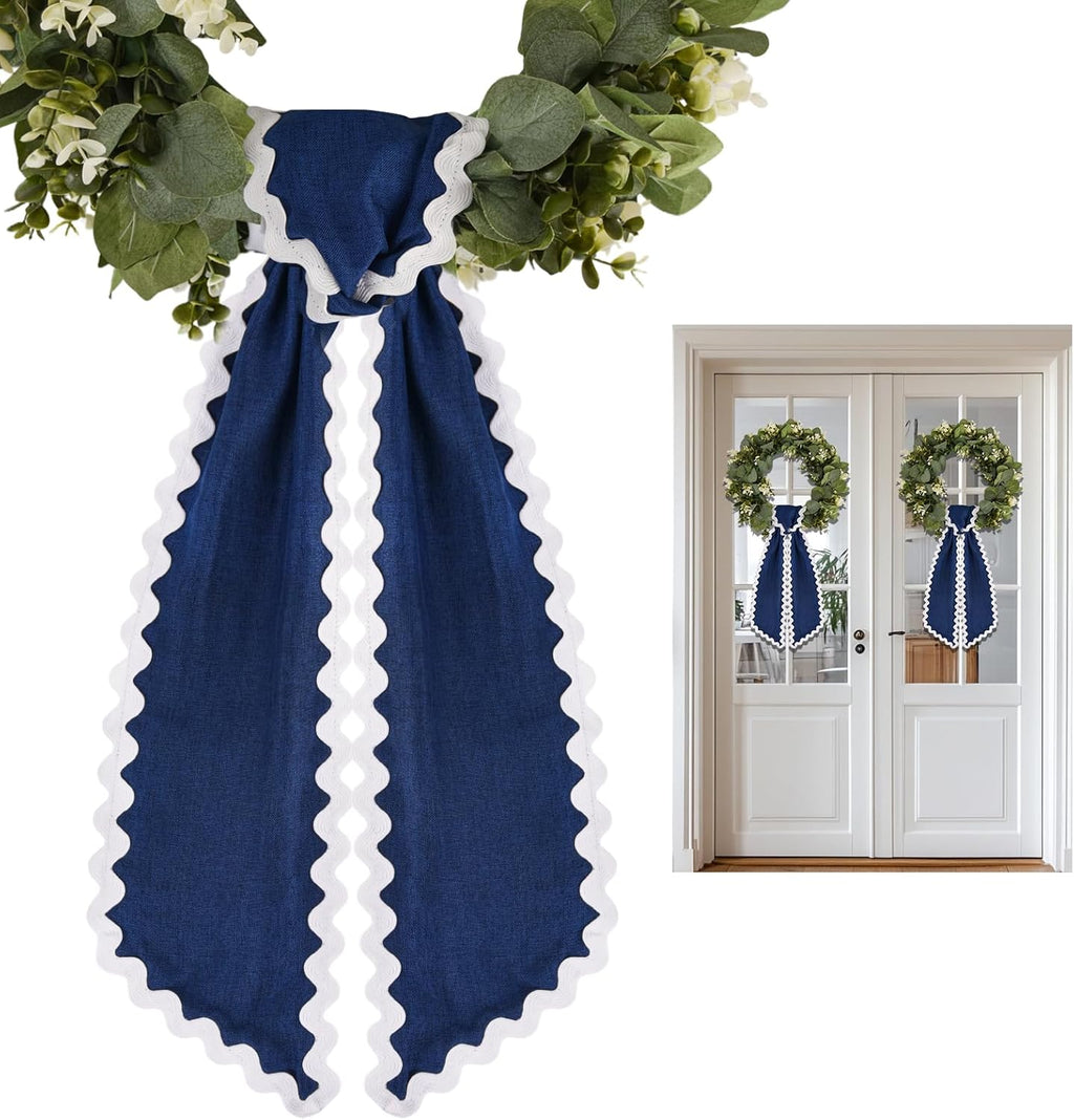 Skiennix Scalloped Wreath Sash - Ruffle Ribbon Bow for Front Door Decor | Navy & White, 2 Pcs