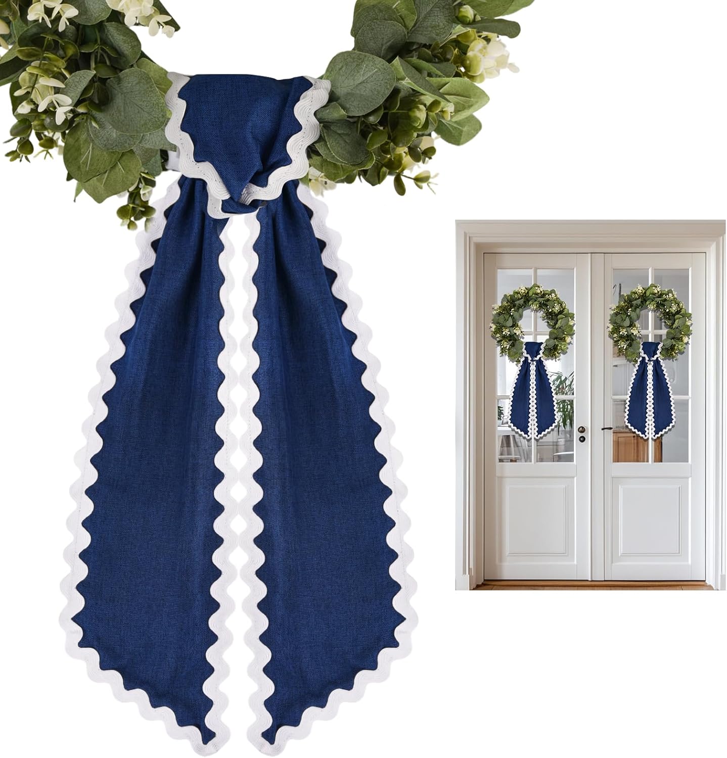 Skiennix Scalloped Wreath Sash - Ruffle Ribbon Bow for Front Door Decor | Navy & White, 2 Pcs