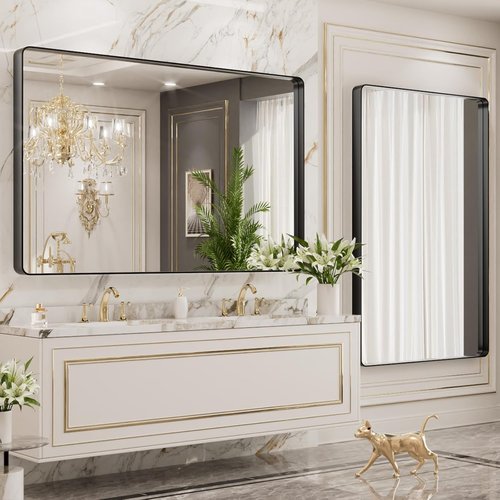 LOAAO Black Metal Framed Bathroom Mirror - 48x40 Inch Large Rounded Rectangle, Anti-Rust Tempered Glass, Versatile Hanging Options