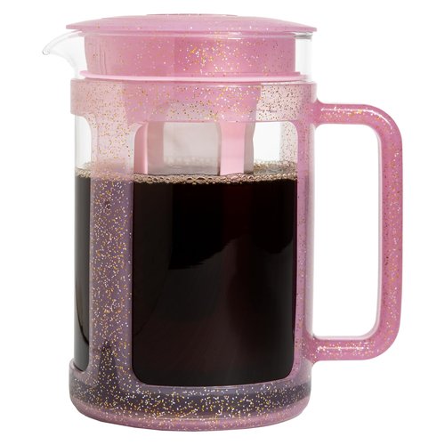 Paris Hilton Cold Brew Coffee Maker, Durable 1.6 Quart Borosilicate Glass Carafe with Stainless Steel Filter, Glitter Pink, 38 oz