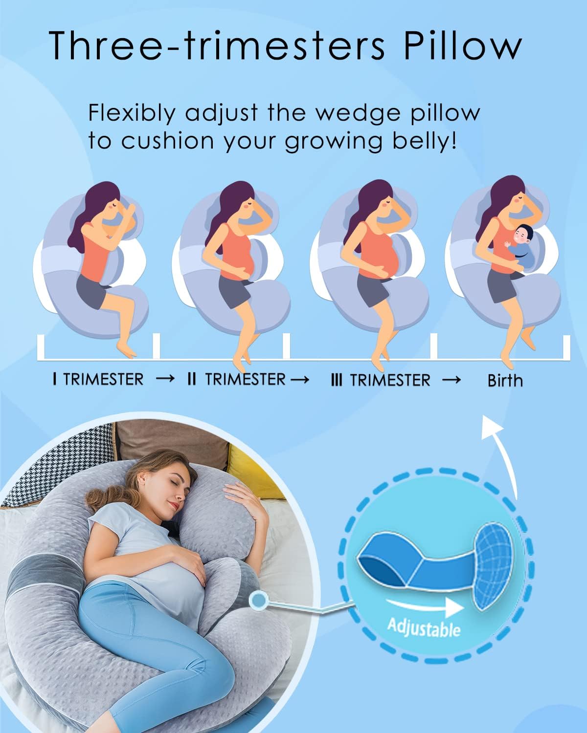 Queen Rose Pregnancy Pillow - E-Shaped Maternity Support with Detachable Wedge | 60-Inch Dual-Sided Velvet Cover in Grey