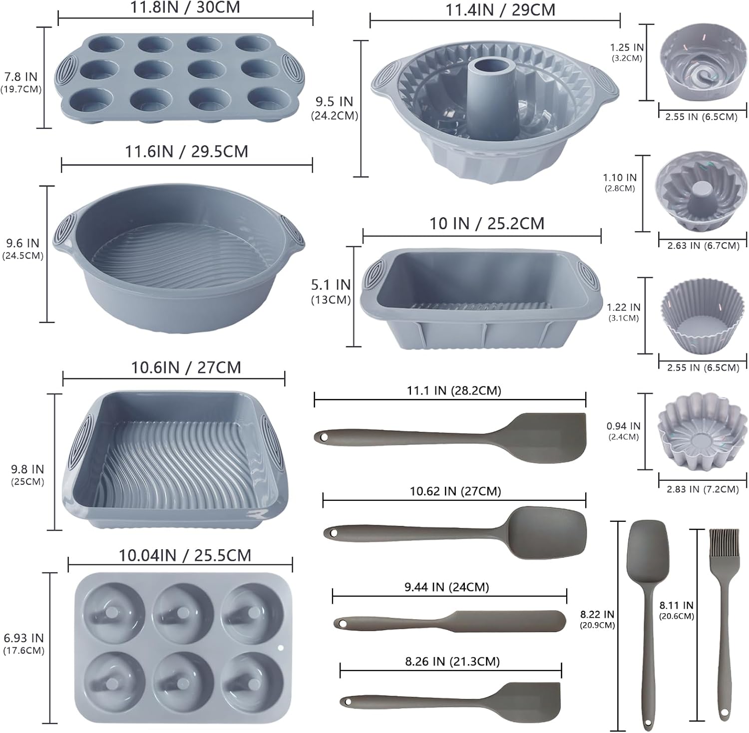 Skiennix 28 PCS Nonstick Silicone Baking Pans Set - Versatile Molds for Cakes, Muffins & Donuts | Light Grey