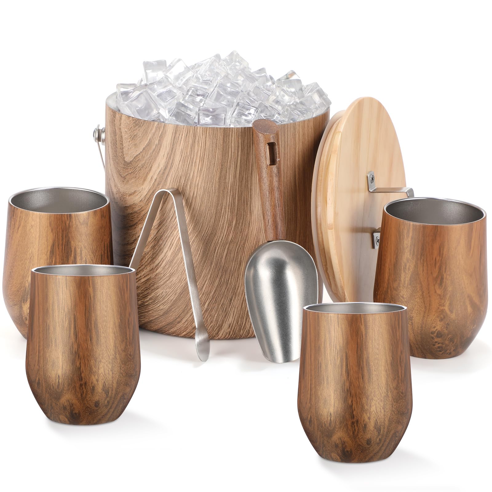 Meekoo Stainless Steel Ice Bucket for Parties,3L Double-wall Vacuum Insulated Ice Bucket with Lid, Scoop, Tong, and 4 Wood Texture Cups for Champagne, Cocktail, Home Barware, Bar, Outdoor Supplies