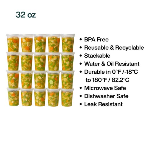 ProTakeOut 32oz [24 set] Heavy Duty Plastic Deli Container | BPA-Free Food Storage with Airtight Leak‑Proof Lids | Microwave, Freezer & Dishwasher Safe – Stackable, Bulk Reusable Soup & Meal Prep Tub