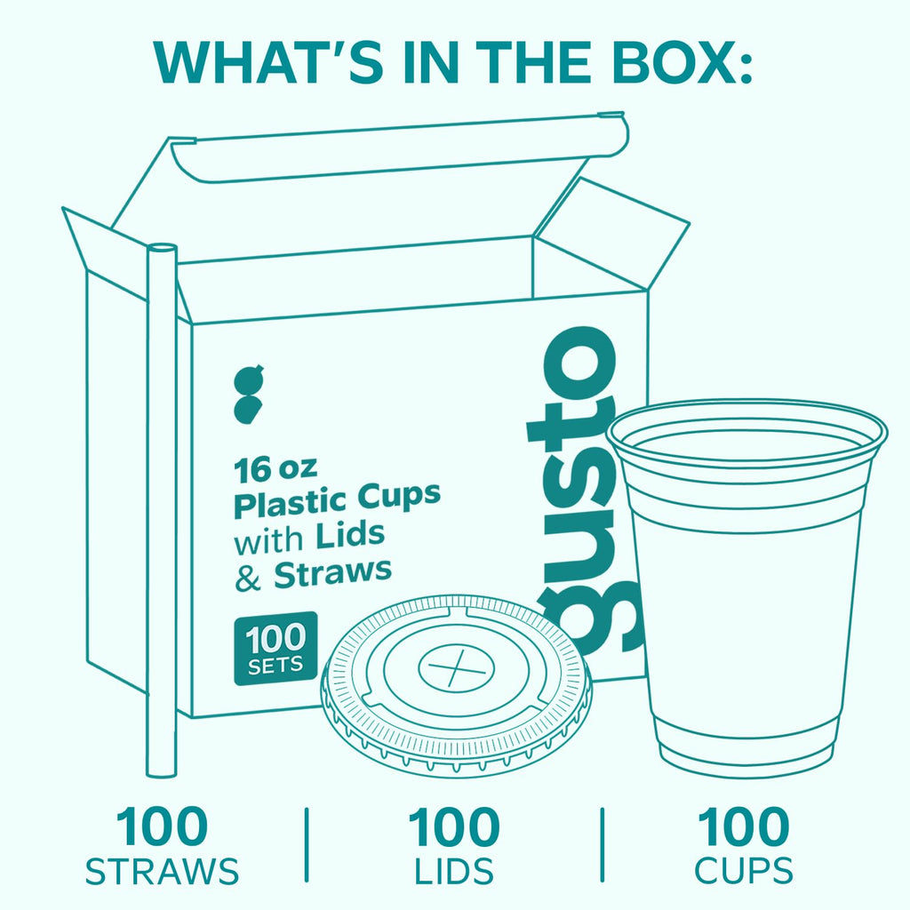 GUSTO - 16 oz - 100 Sets - Clear Plastic Cups with Lids and Straws – Disposable Iced Coffee Cups for Cold Drinks, Smoothies, Boba, and To-Go Beverages – Sturdy, Easy-to-Separate