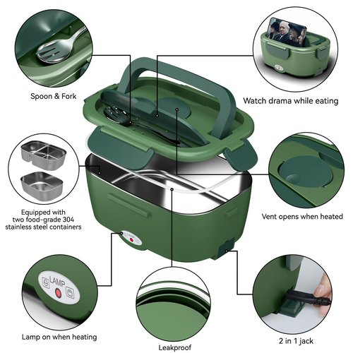 Sitlais Heated Lunch Box for Men&Women - 80W Electric Lunch Box for Adults with Dual 1.5L 304 Stainless Steel Containers Fast Heating Portable Food Warmer for Car&Truck lonchera eléctrica portátil